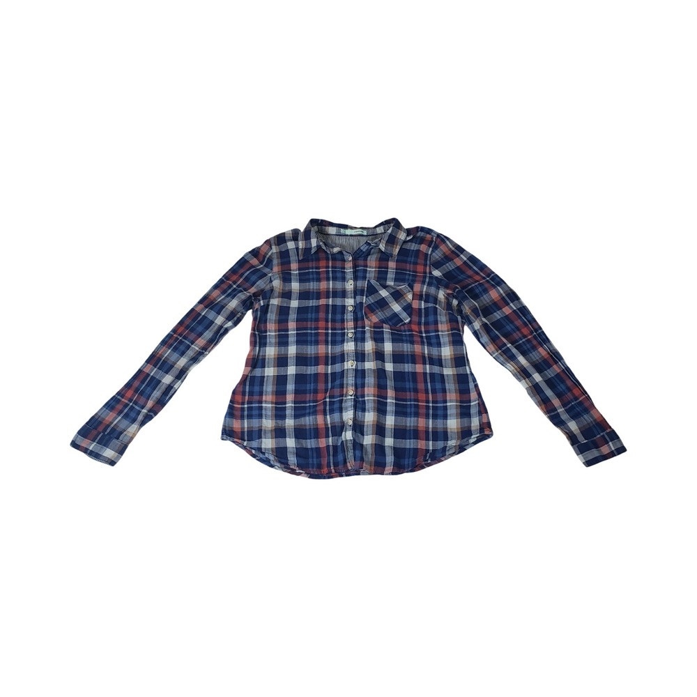 Maurices Womens Large Navy Blue Red Plaid Long Sleeve Button Down Cotton Shirt